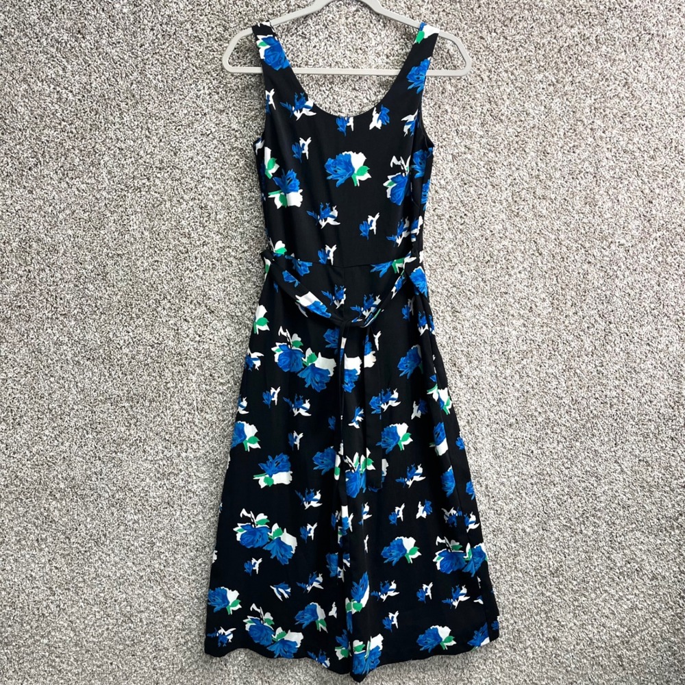 Tahari Jumpsuit Women's 2 Black and Blue Floral Print Sleeveless Belted Wide Leg